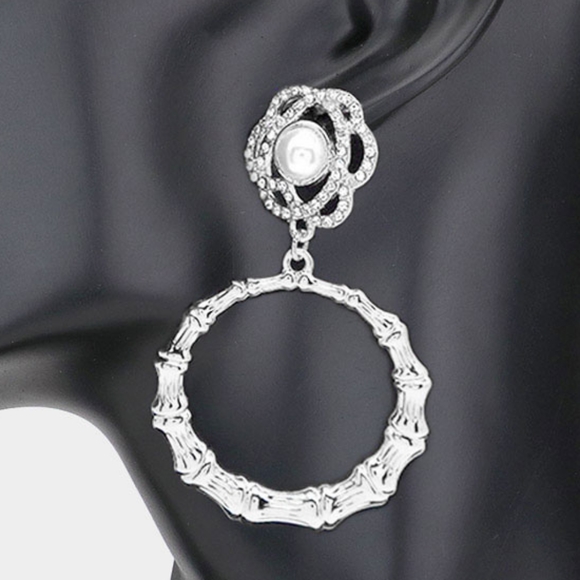 Silver Pearl Flower Rhinestone Bamboo Dangle Doorknocker Hoop Earrings Trendy - Picture 2 of 2